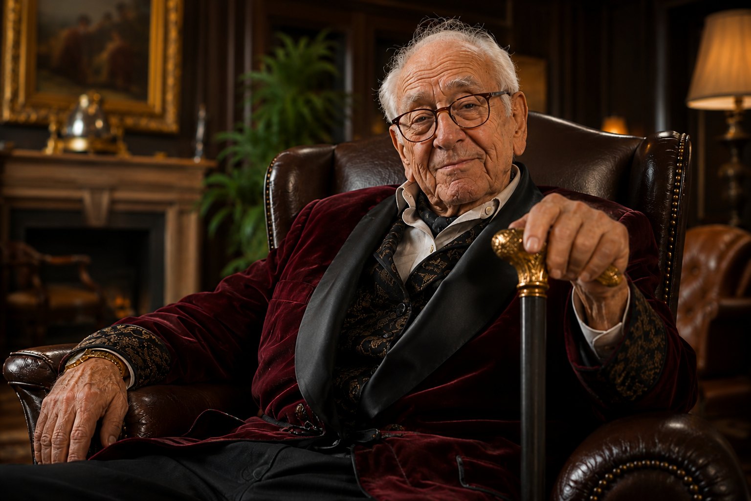 A distinguished gentleman in a velvet smoking jacket holding a cane in a luxurious study